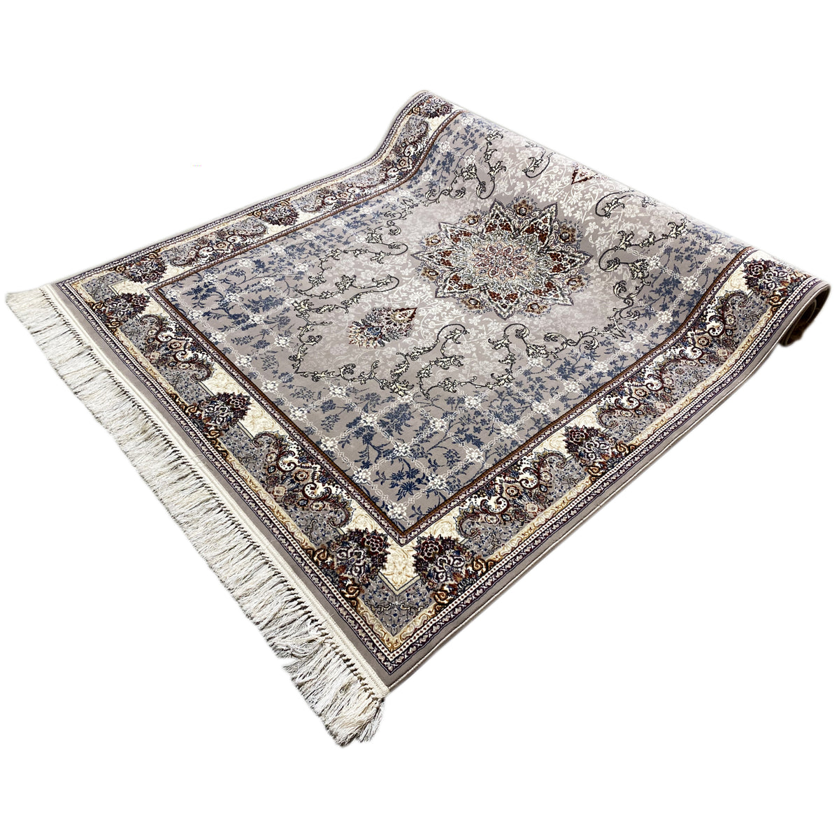 Teppich im Medaillon-Look mit ornamentaler Bordüre, hellblau-grauem Muster und Fransen