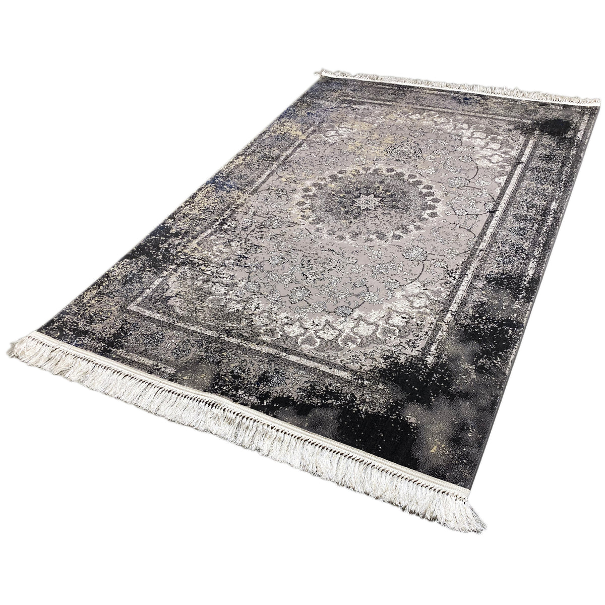 Rechteckiger Vintage-Teppich in Grau mit kontrastigem Rahmen, Ornamentmedaillon und Fransen