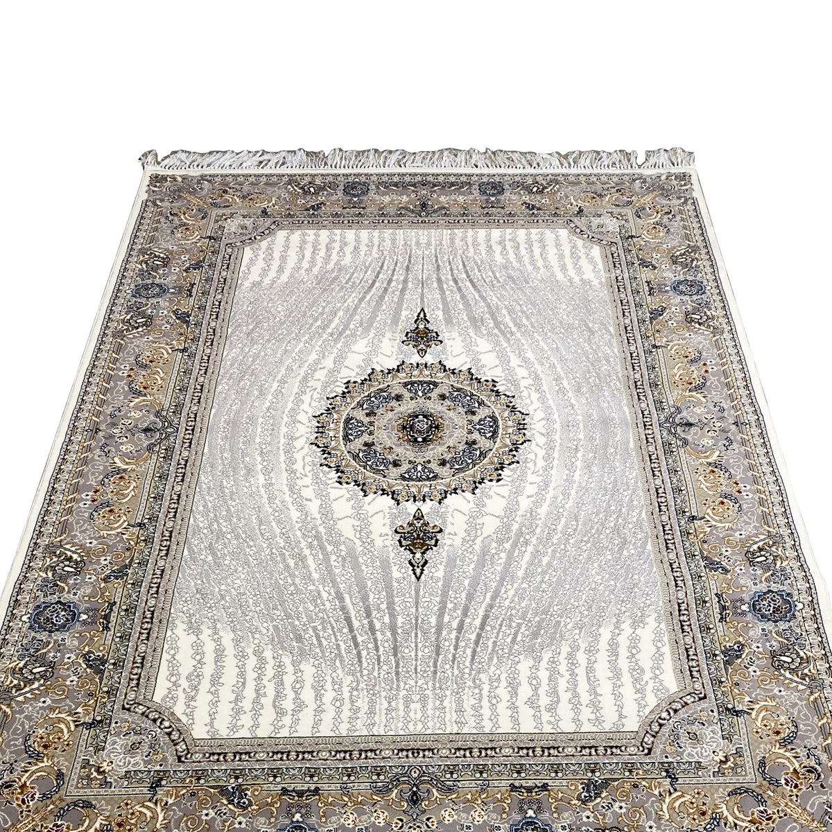 Teppich Elara 160x230 Vorderansicht: creme mit dunklen und goldenen Zierborten, Fransen