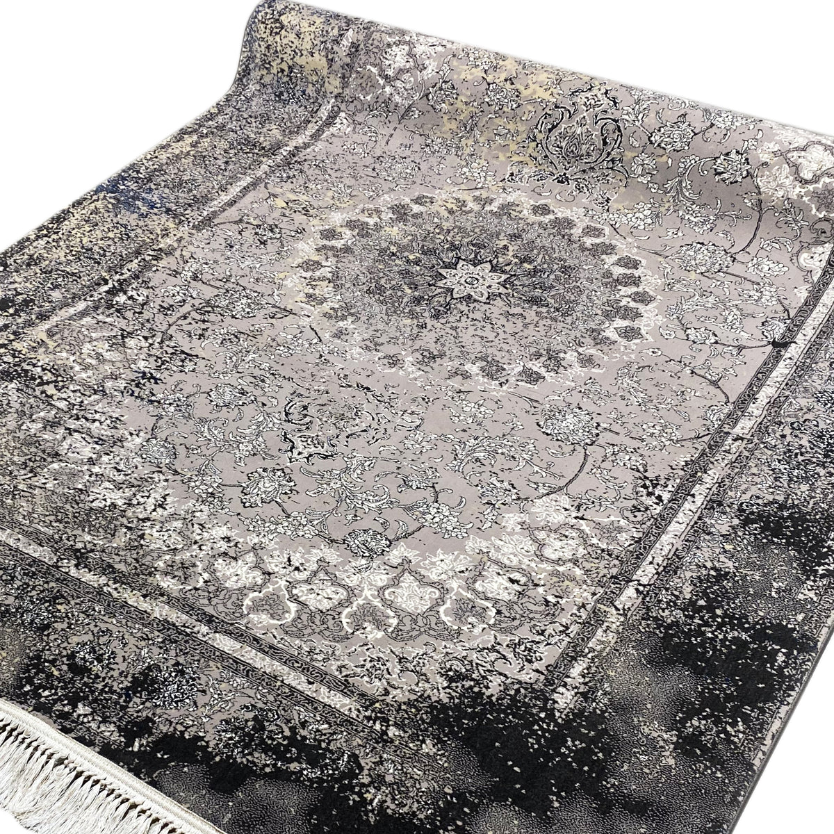 Detailansicht Vintage-Teppich: graues Ornamentmuster mit Zierrand und eingefassten Rahmenlinien