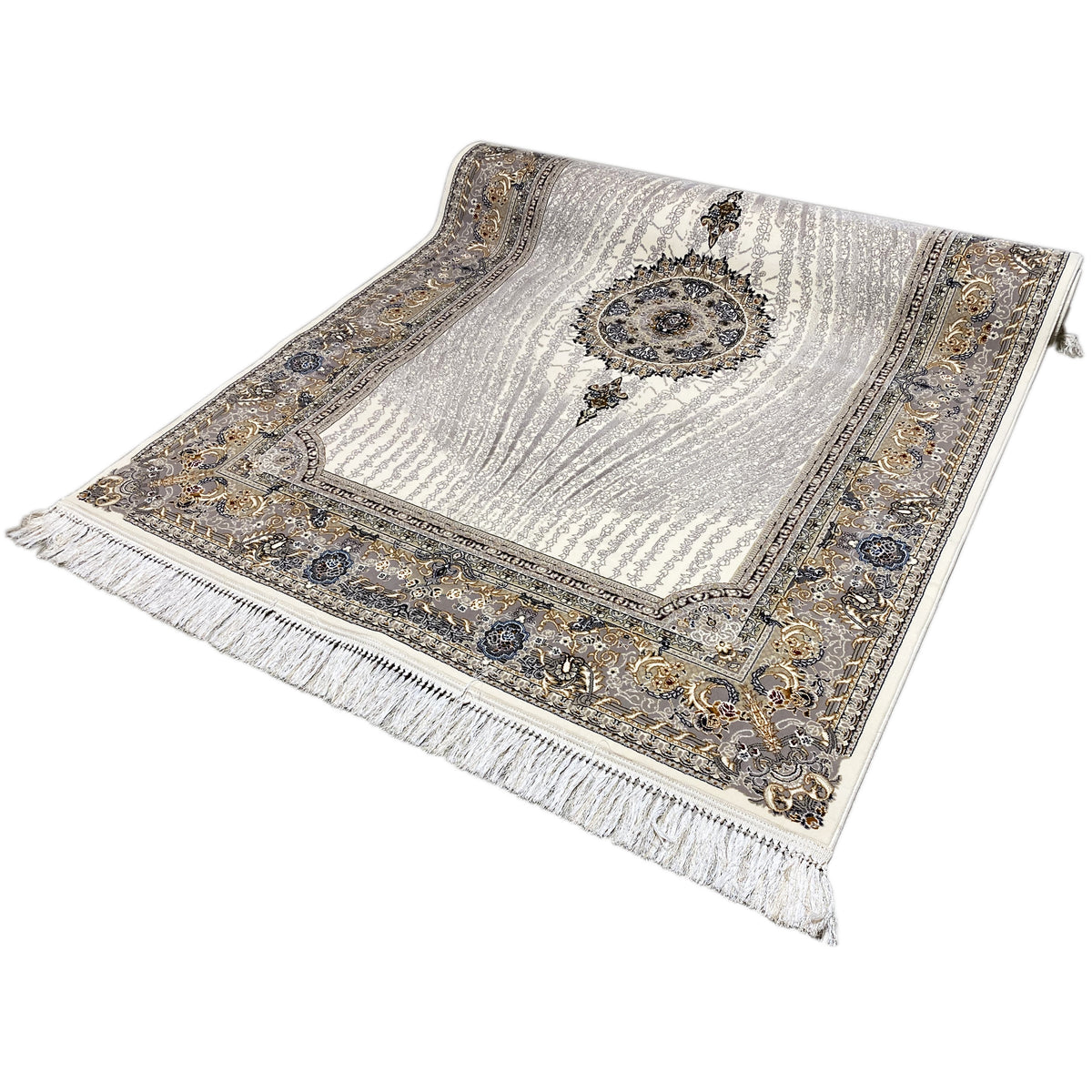 Teppich Elara 160x230 seitlich: cremefarbene Fläche mit blau-goldenen Medaillons und Fransen