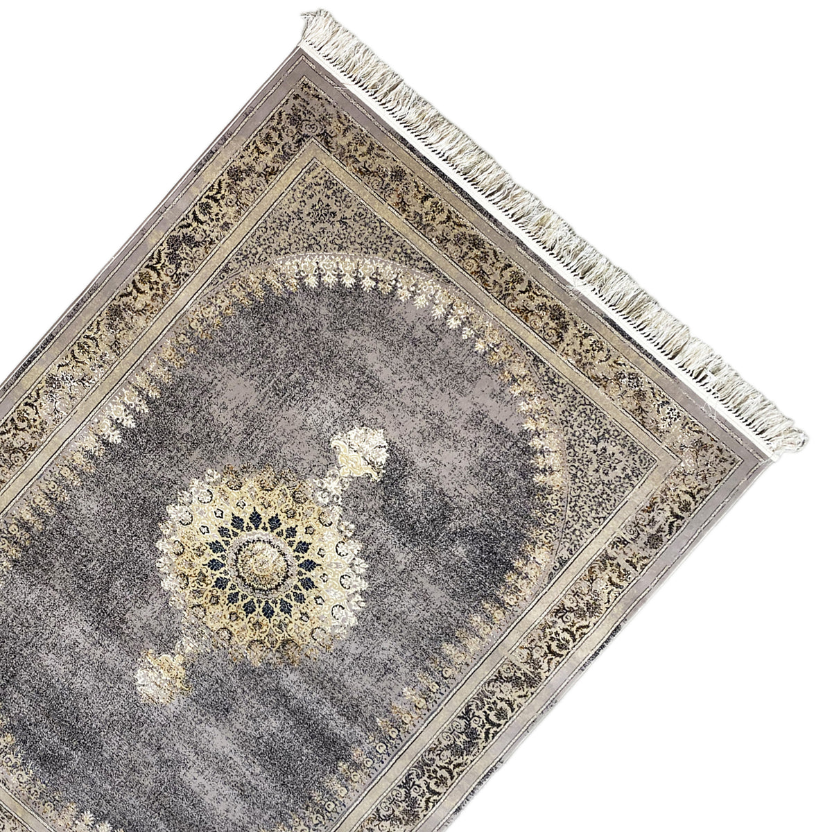 Teppich mit Medaillon-Muster, grau meliert, goldene Zierborten und Fransen an der Kante