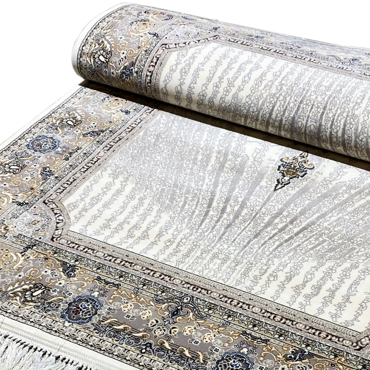 Teppich Elara 160x230 ausgerollt: Flor mit feinem Muster, Bordüre und Quasten