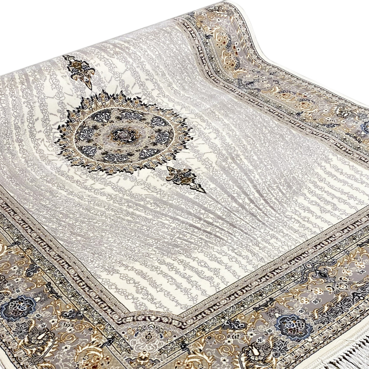 Muster-Teppich Elara 160x230 Nahansicht: silberner Flor mit Medaillon, Zierbordüre
