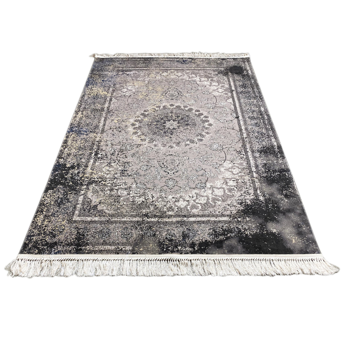 Vintage-Teppich in Grau mit ornamentaler Struktur, Bordüre und Fransen