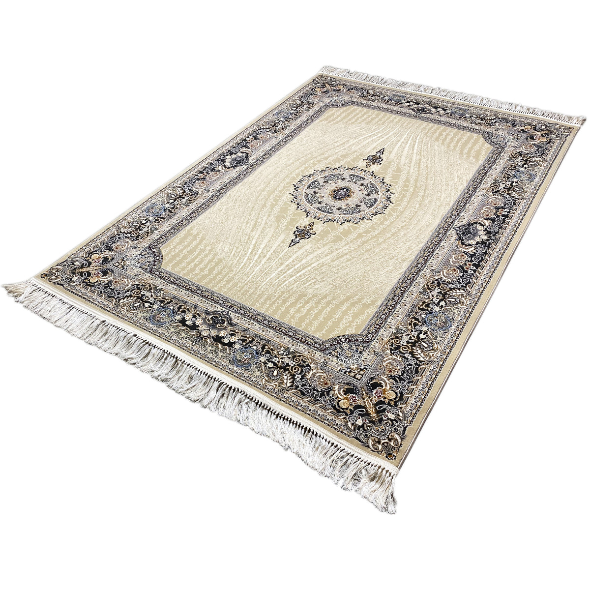 Gewebter Teppich im Querformat: creme Grund, blau-silbernes Ornament, Fransen