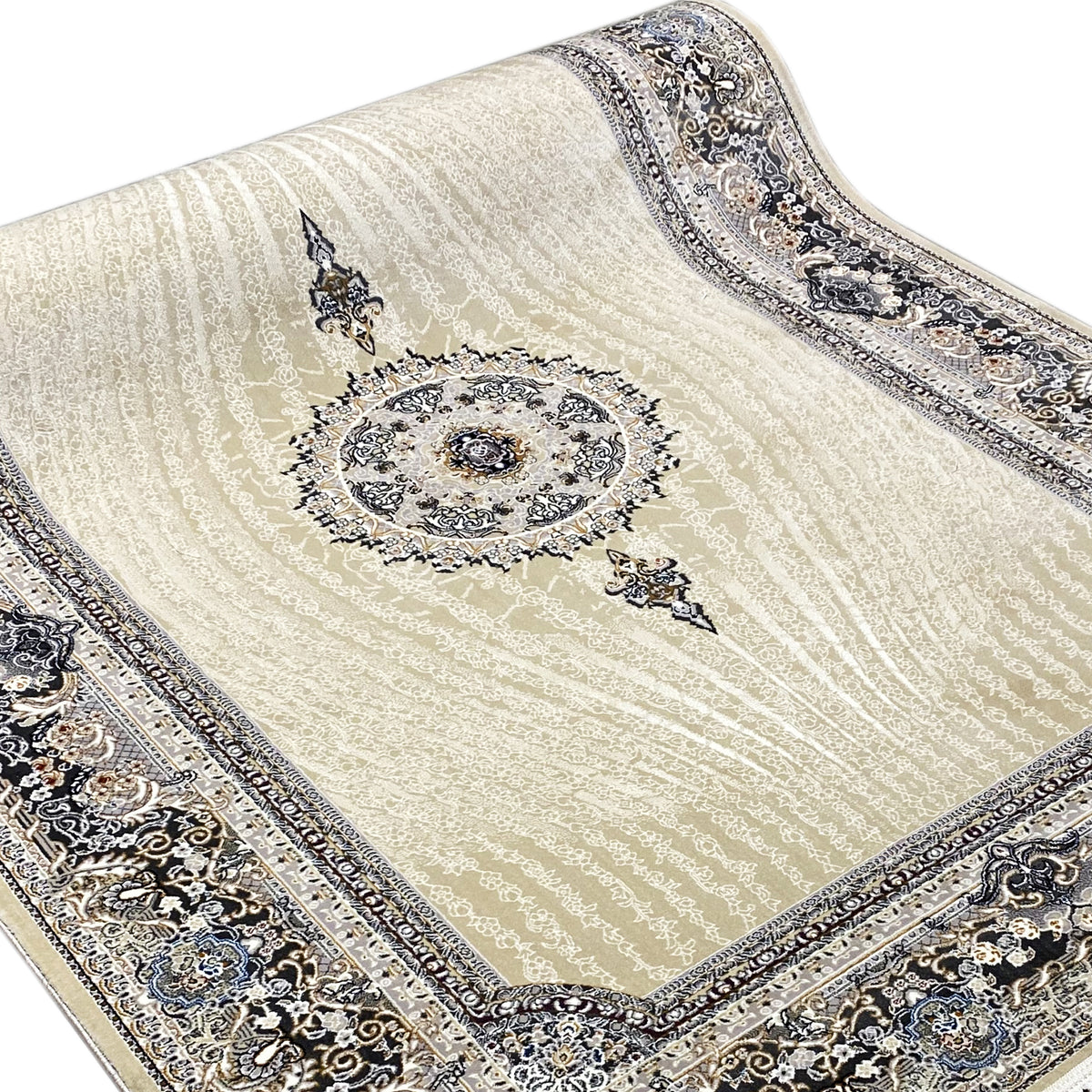 Gewebter Teppich mit Detail-Ornamenten: creme Textur, blau-silberne Zierlinie und Medaillon