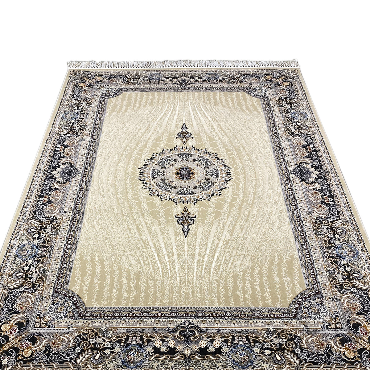 Gewebter Teppich mit zentralem Medaillon, creme Grund, blau-silberne Bordüre, Fransen