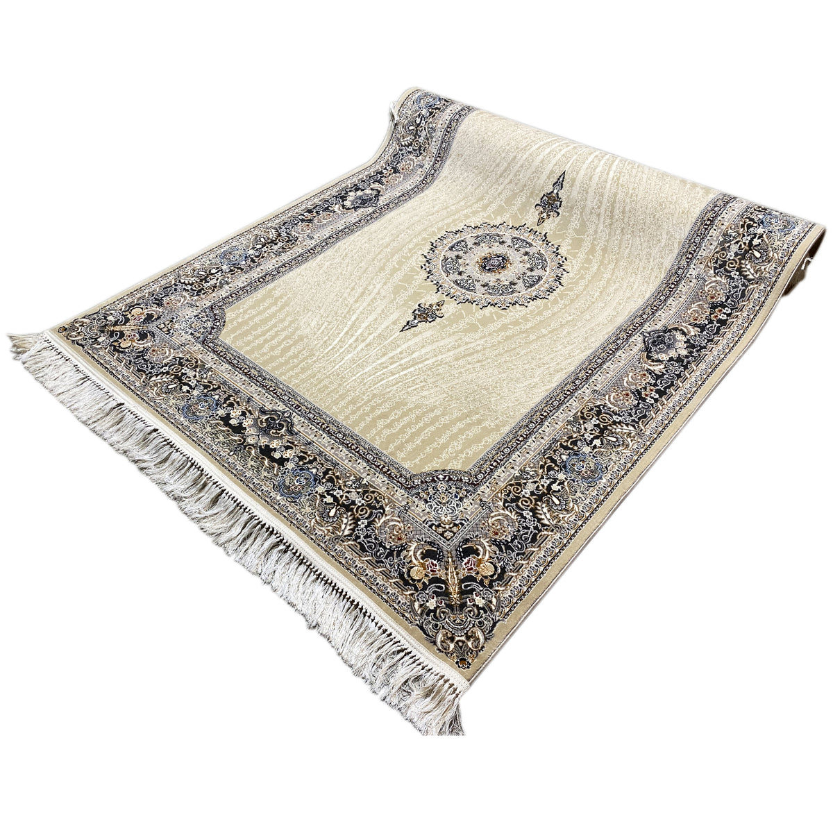 Gewebter Teppich mit creme Basis, blau-silbernem Ornamentrahmen und seitlichen Fransen