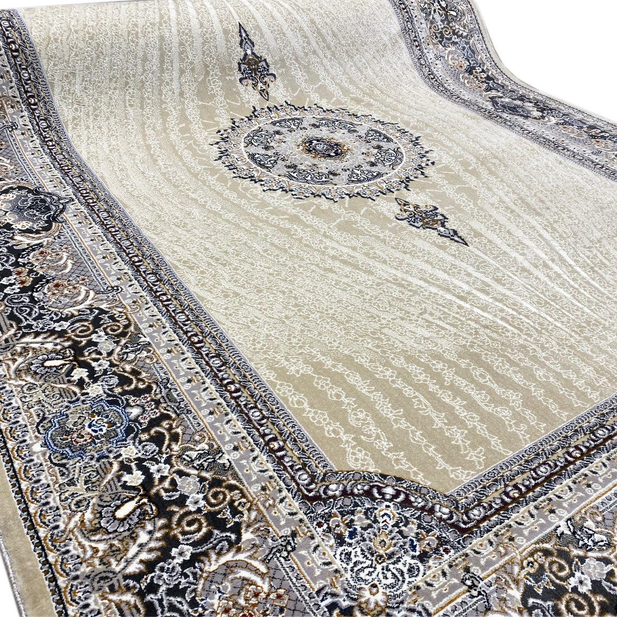 Waffelgewebter Teppich 160x230 cm mit beigem Grund und blau-schwarzer Ornamentbordüre