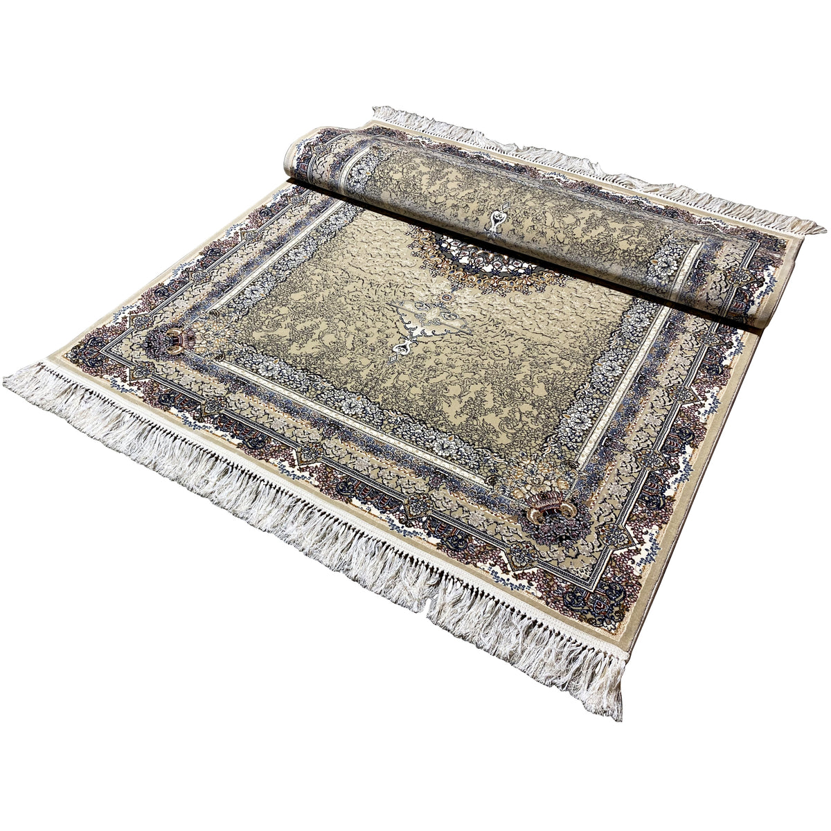 Medaillon-Teppich 160x230 mit beigem Muster, blauem Rand und langen Fransen
