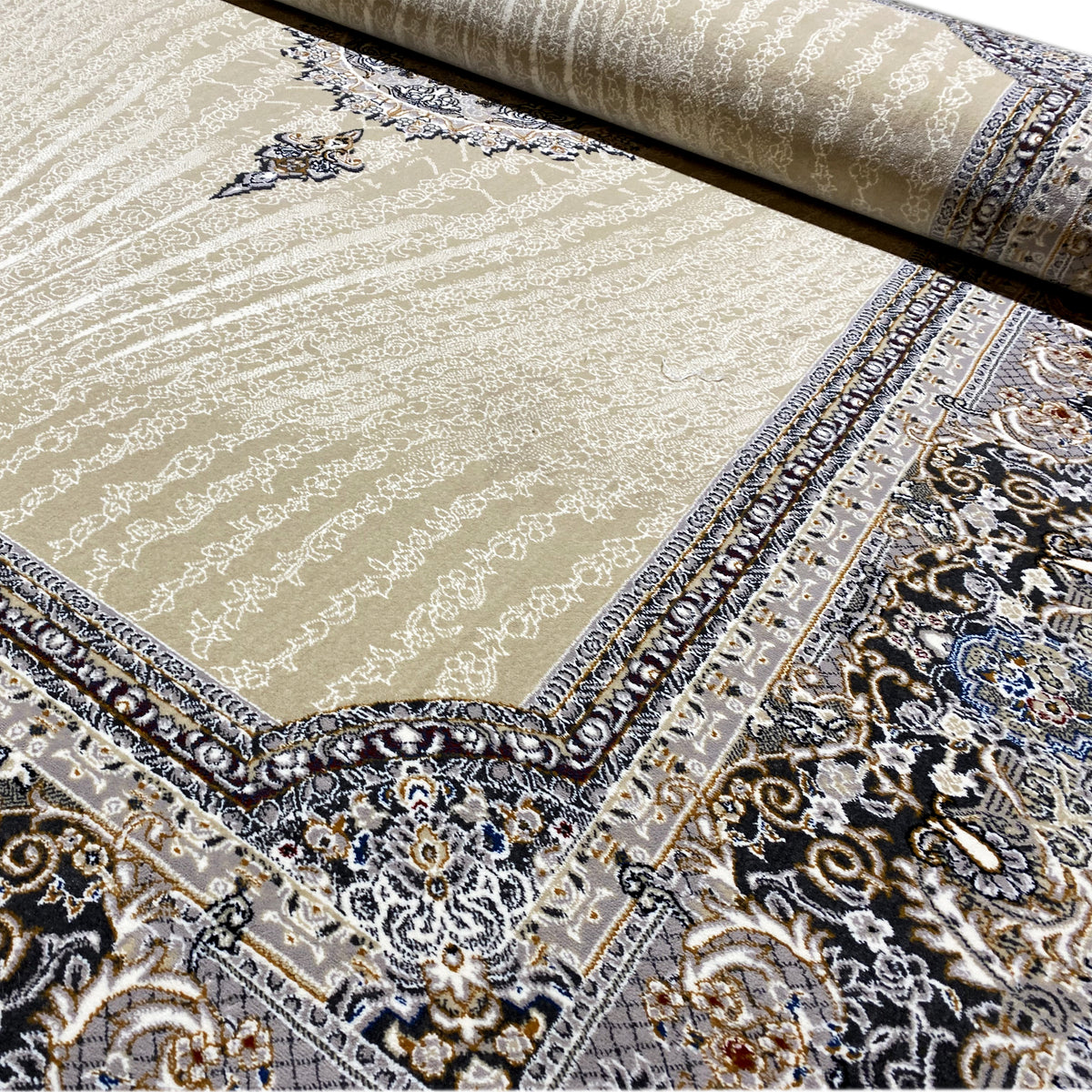 Woven Teppich 160x230 cm mit beigem Muster, dunkler Bordüre und eingewebtem Mittelmedaillon