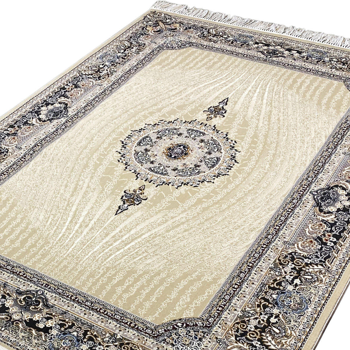 Teppich 160x230 cm mit beigem Zentrum und dunkler Zierbordüre, seidiger Schimmer und Fransen
