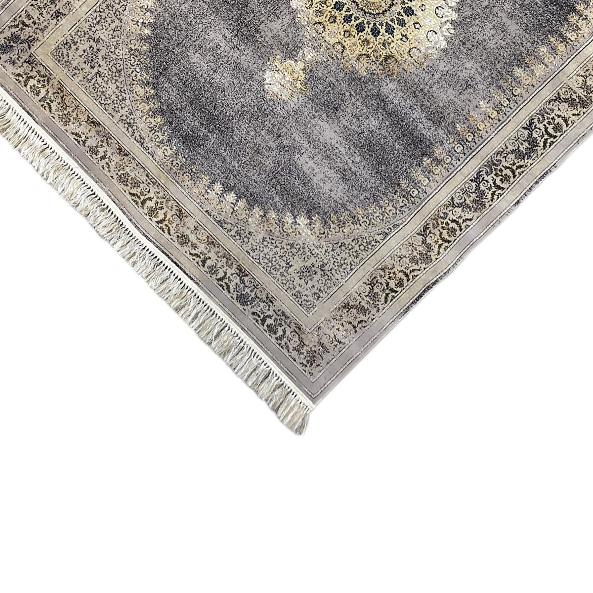 Teppich-Ecke mit Medaillon und Zierbordüre, grau meliert, Fransen