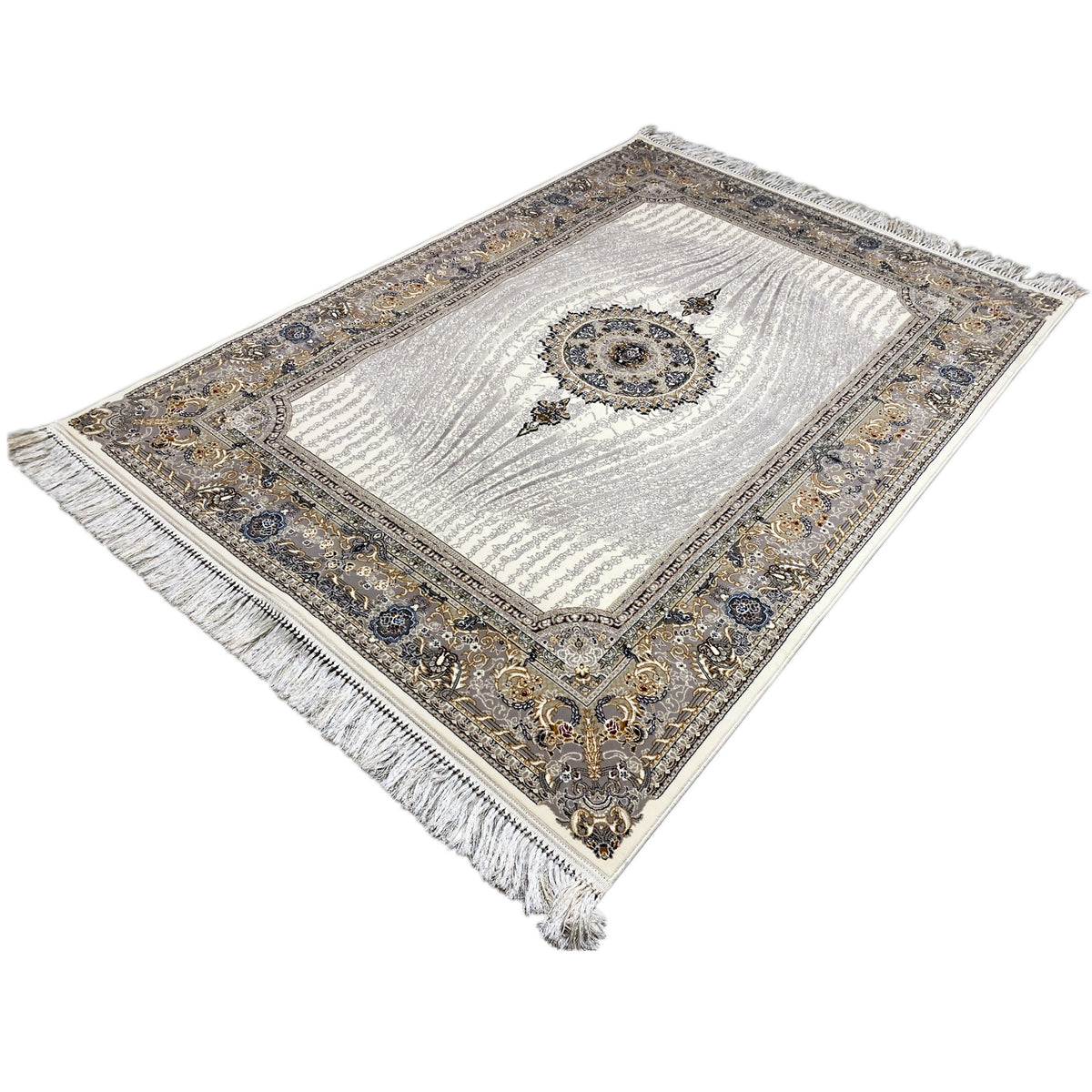 Muster-Teppich Elara 160x230 von oben: silberner Mittelbereich, Blau-Gold-Rahmen, Fransen