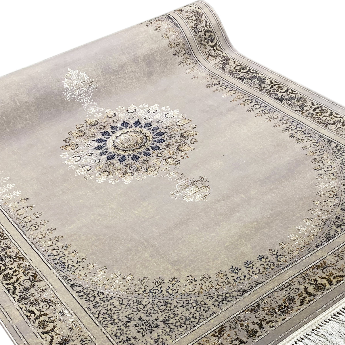 Wiesner Teppich 160x230 cm Detail: beige Oberfläche mit blauem Medaillon, Vintage-Ornamente