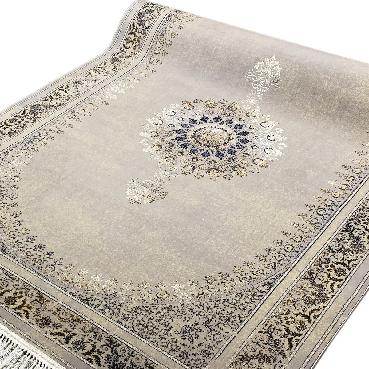 Gewebter Teppich 160x230 cm hellgrau mit Ornamentbordüre und blau-goldenem Medaillon