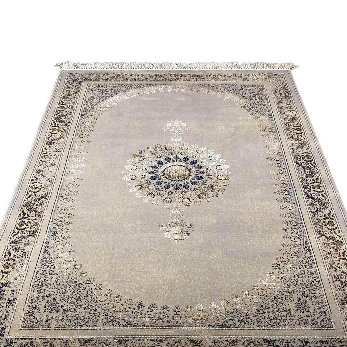 Gewebter Teppich 160x230 cm hellgrau mit zentralem Medaillon, Ornamenteinfassung und Fransen