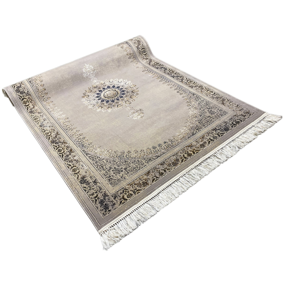 Gewebter Teppich 160x230 cm hellgrau mit dekorativer Umrandung und Fransen an den Ecken