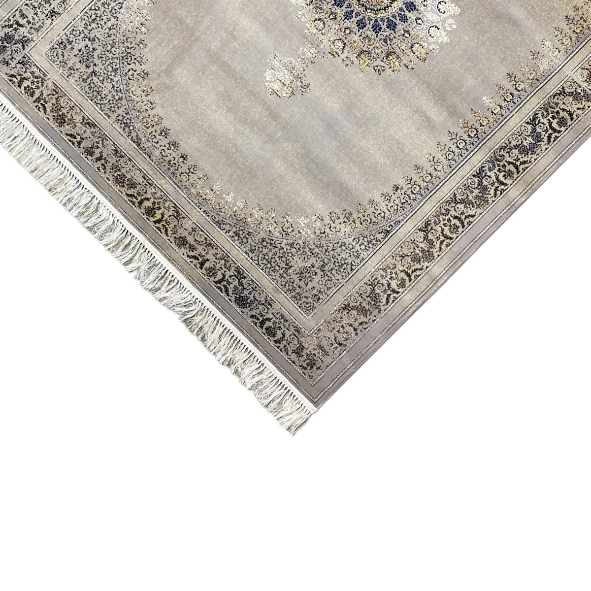 Wiesner Teppich 160x230 cm Ecke: Ornamentbordüre in Blau und Gold, mit Fransen