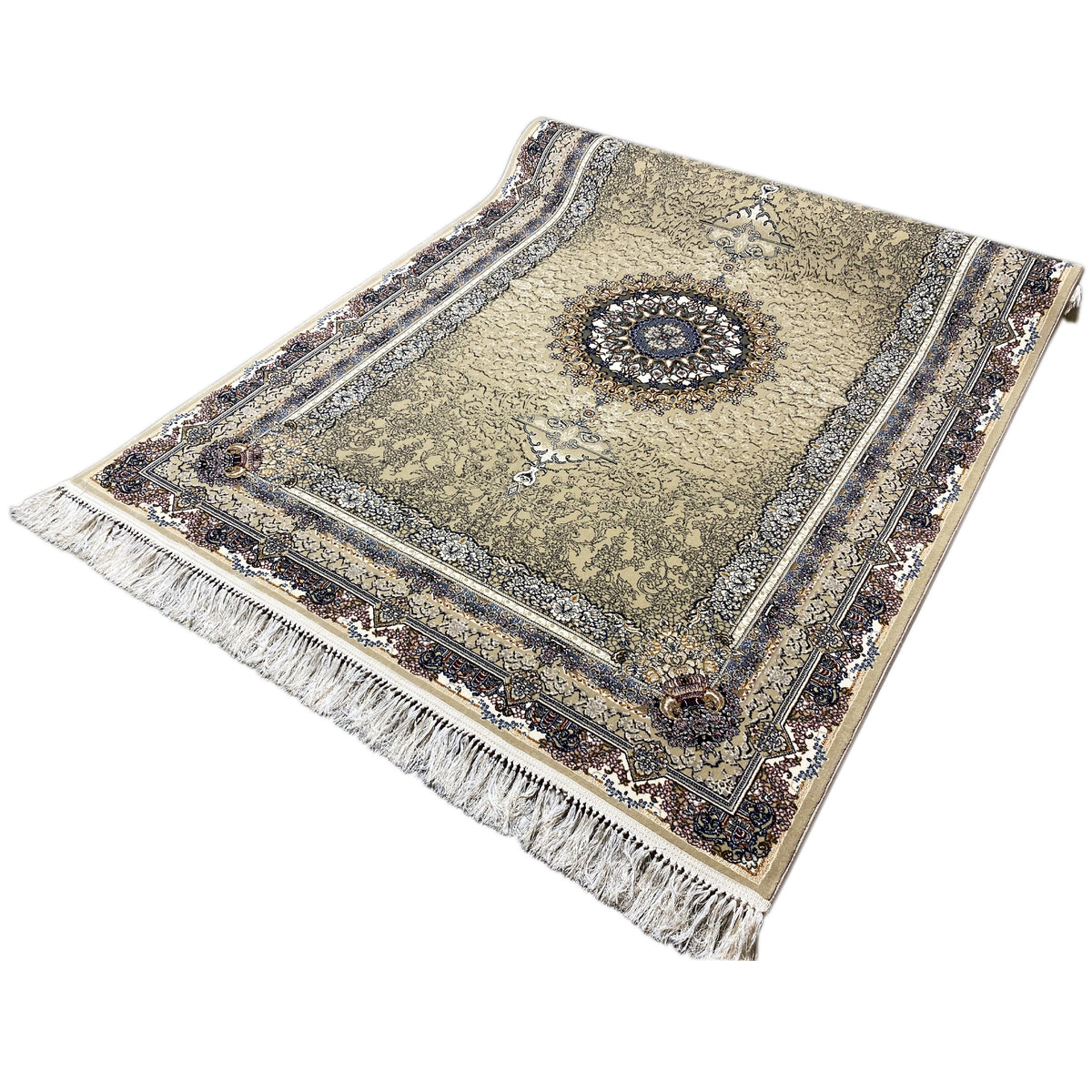 Medaillon-Teppich 160x230 mit beigem Grund, blauem Zierrahmen und Fransen