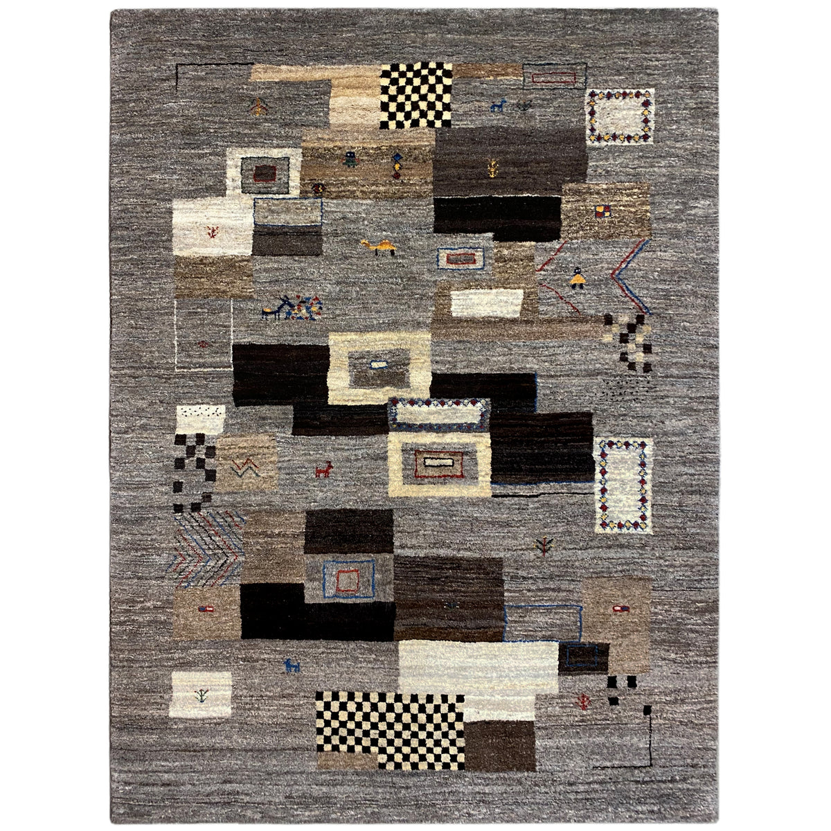 Gabbeh Teppich 235x171 cm, geometrische Flächen in Grau, Schwarz und Beige