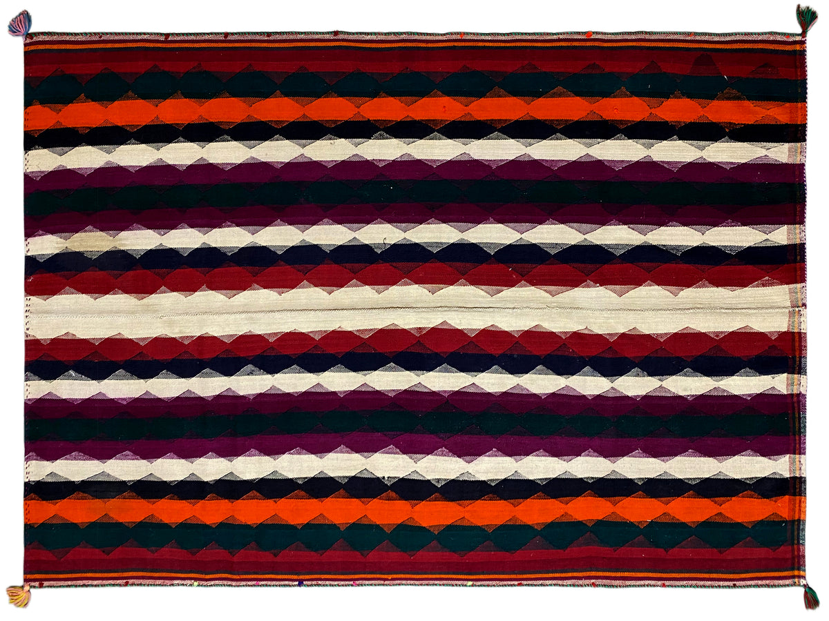 Jajim-Teppich mit horizontalen Streifen in Rot, Lila, Dunkelblau und Creme sowie Quasten