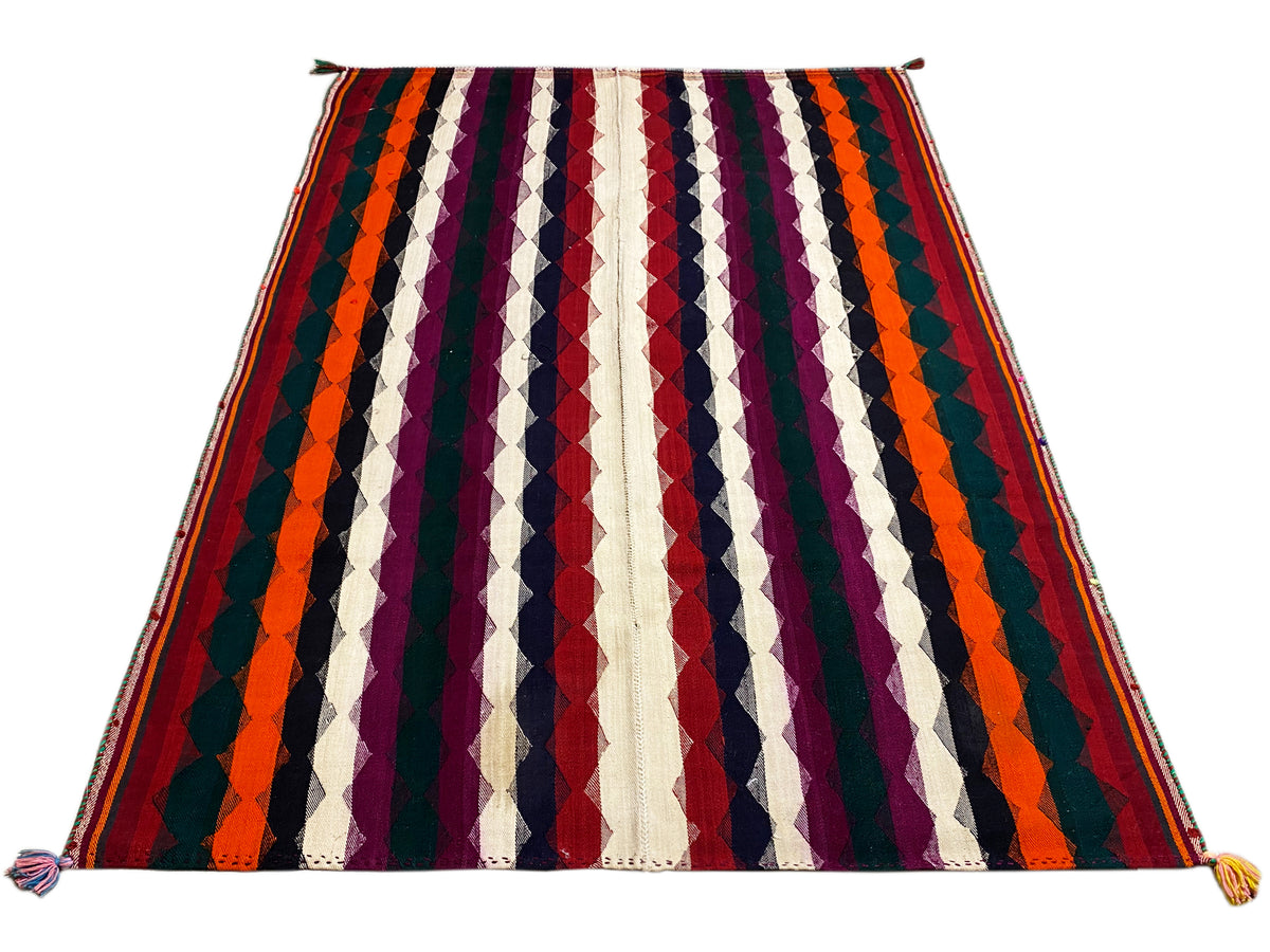 Bunter Jajim-Teppich mit diagonalen Streifen in Orange, Lila, Dunkelblau und Creme