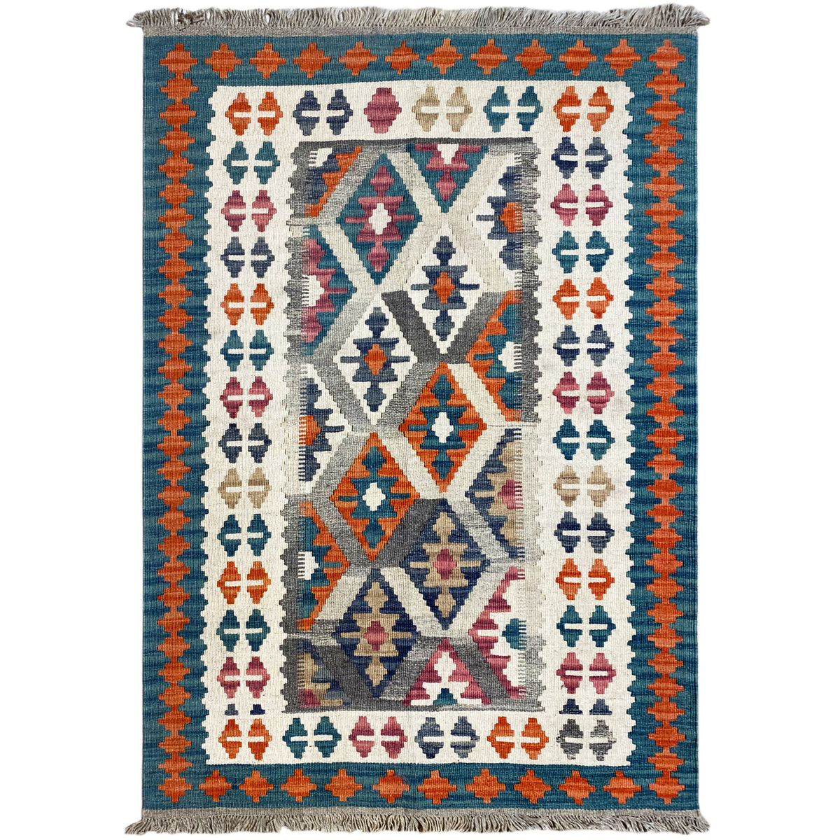 Kelim-Teppich mit großen Rauten und Säulensymbolen, orangefarbene Bordüre, Fransen
