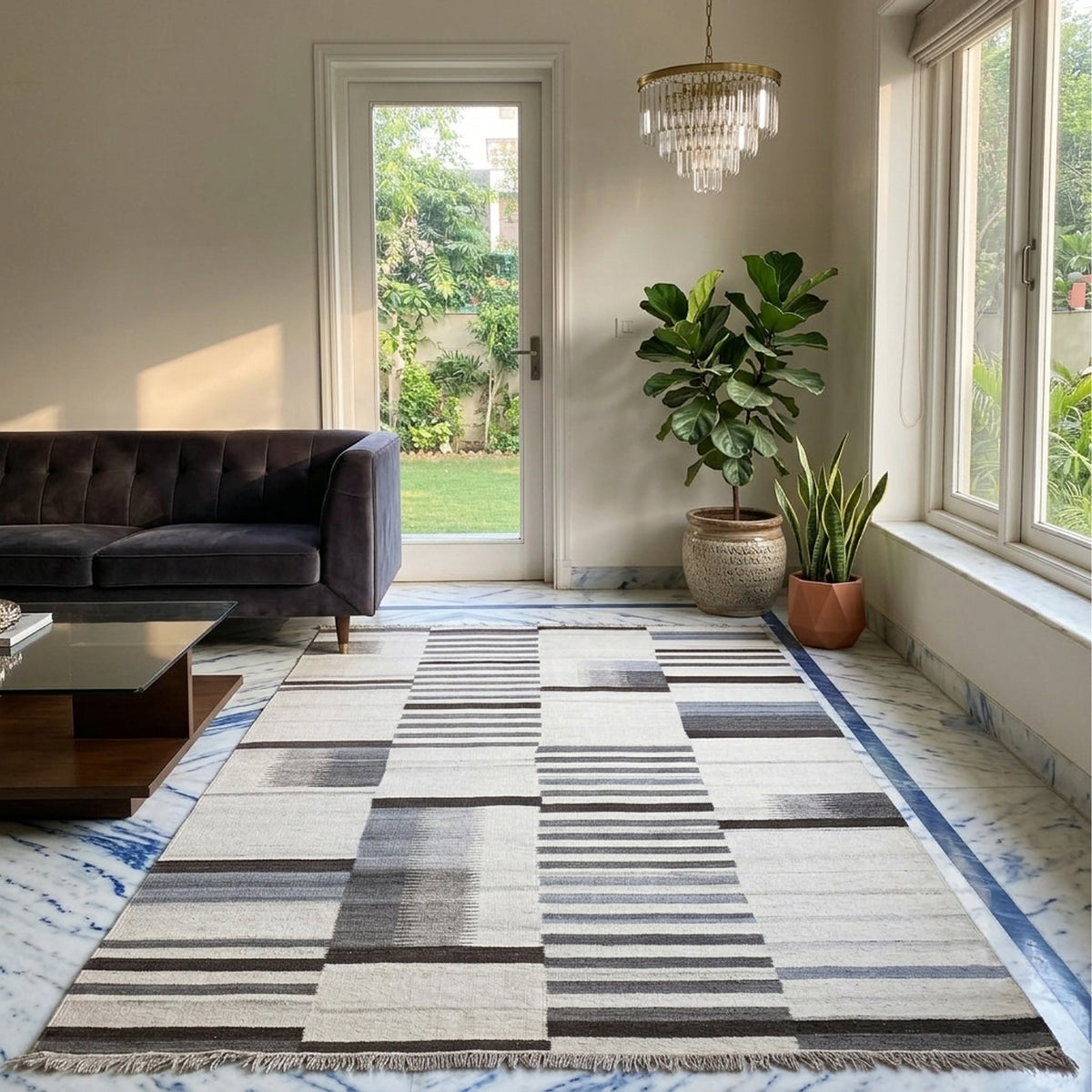 Kelim-Teppich 170x240 cm mit geometrischen Streifen in Creme, Grau und Blau, Fransen.