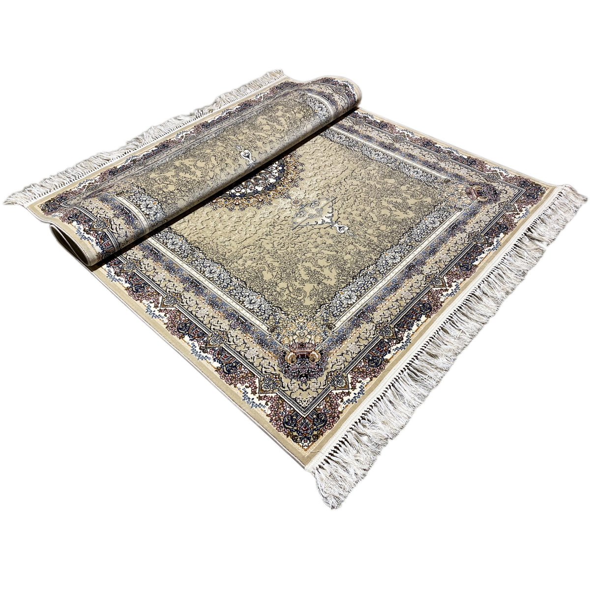 Medaillon-Teppich 160x230 mit aufgerollter Lage, beiger Grund, blaues Rahmenornament