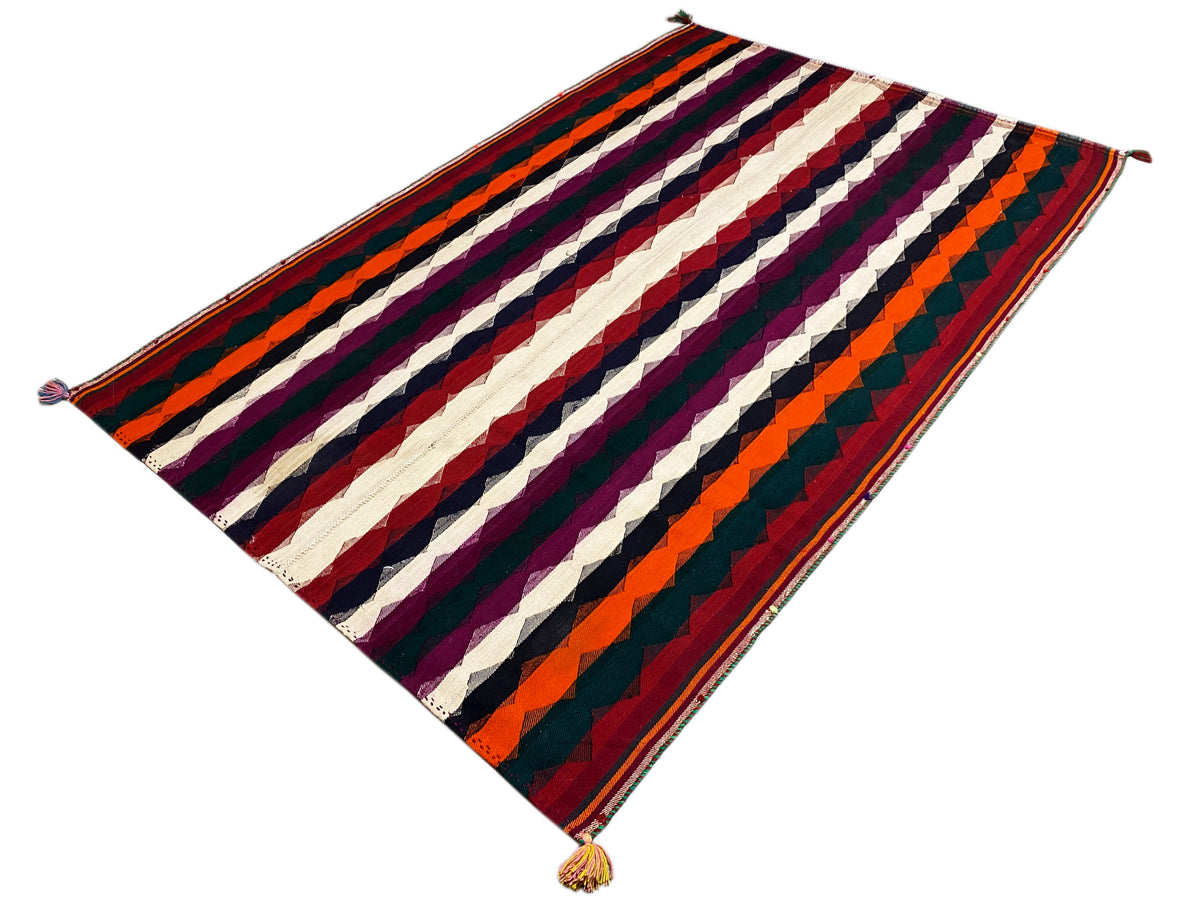 Bunter Jajim-Teppich mit diagonalem Streifenmuster in Lila, Orange, Dunkelblau und Creme