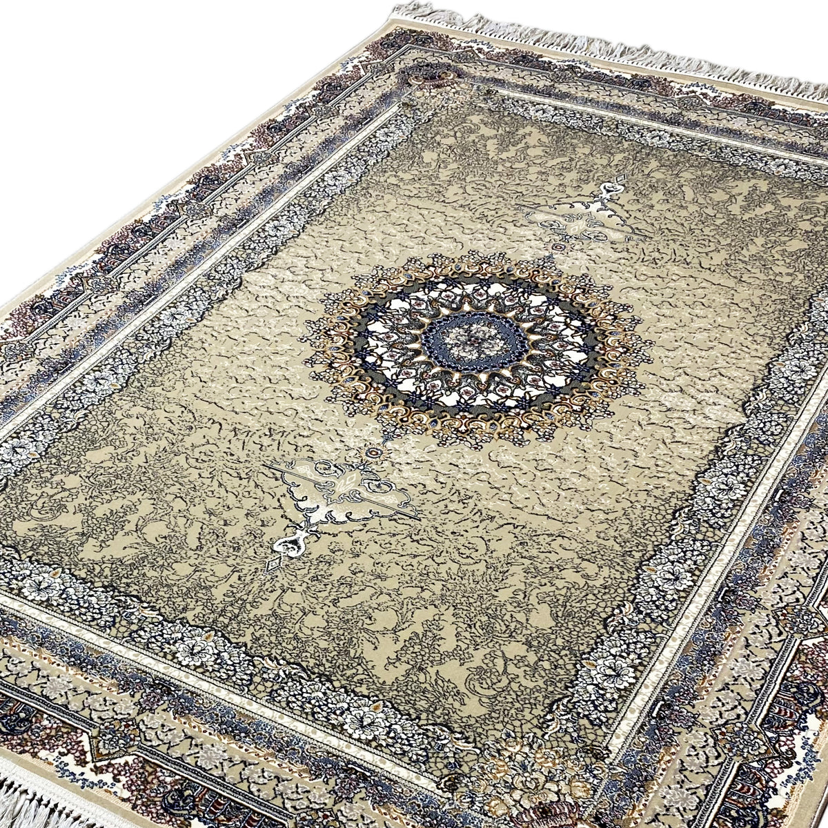 Medaillon-Teppich 160x230 Detail: rundes Medaillon im beigen Ornamentfeld, blau gerahmt