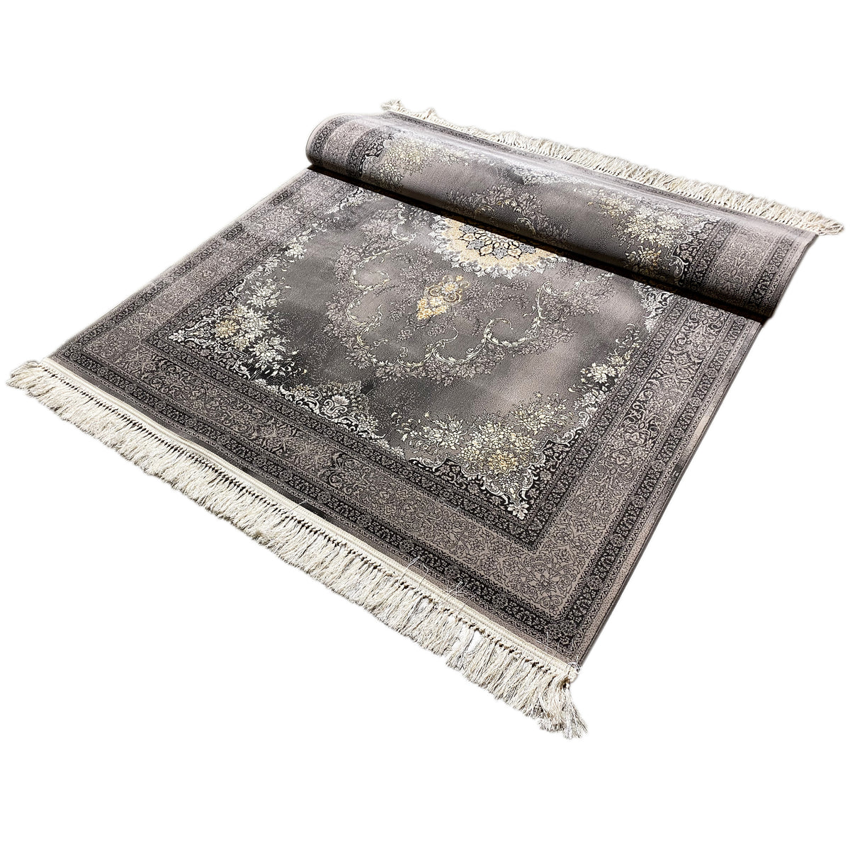 Kashan-Teppich 160x230 cm ausgerollt, graues Muster mit goldfarbenem Medaillon