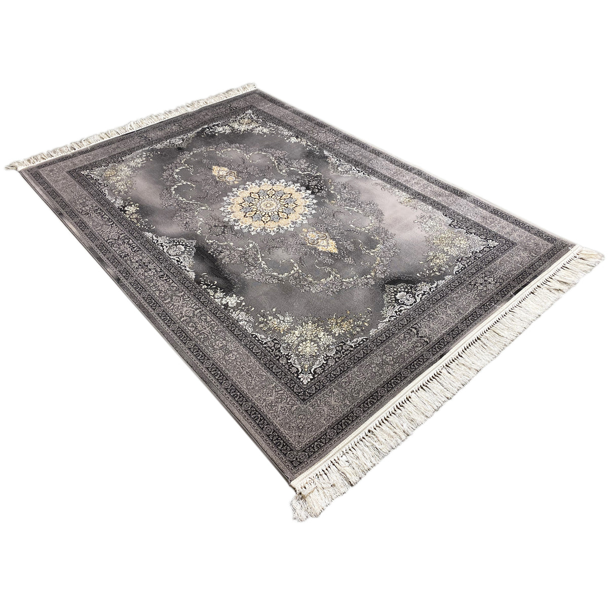 Kashan-Teppich 160x230 cm, dreieckige Perspektive: graues Ornamentfeld mit Fransen