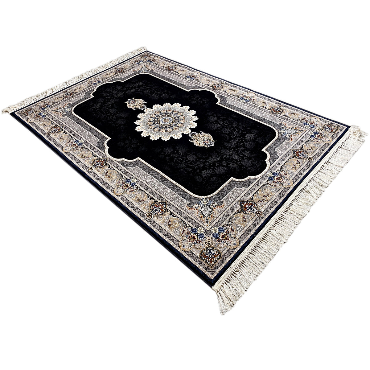 Teppich in Draufsicht: schwarzer Flor, zentrales Medaillon in Creme, barocke Randornamente, Fransen
