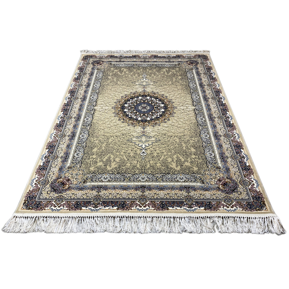 Medaillon-Teppich 160x230 flach, beiger Grund, blaues Rahmenornament und Fransen