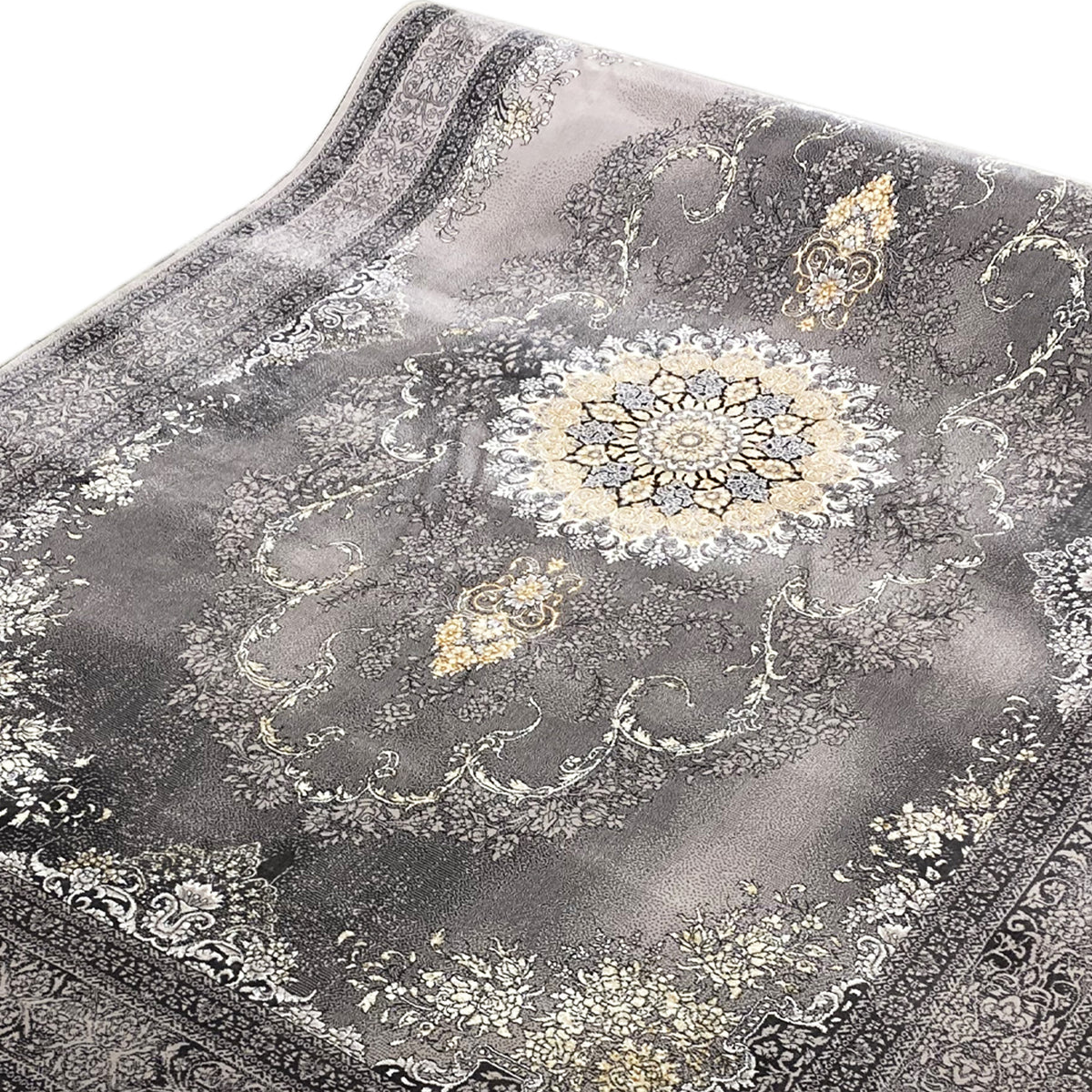 Kashan-Teppich mit Medaillon, grauem Flor und goldfarbenen sowie weißen Zierornamenten