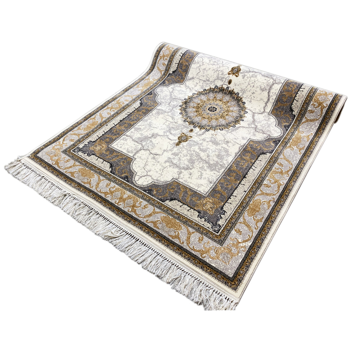 Ornamentaler Teppich in Creme mit rundem Zentrum und goldfarbenen Verzierungen, mit Fransen.