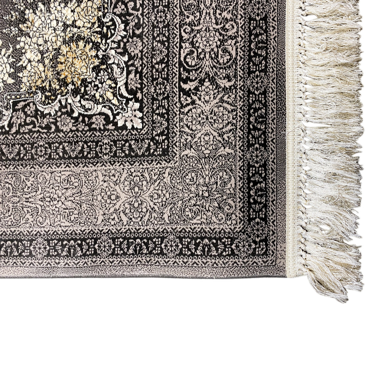 Kashan-Teppich-Borte mit Fransen: schwarzer Flor mit weißem und goldfarbenem Muster