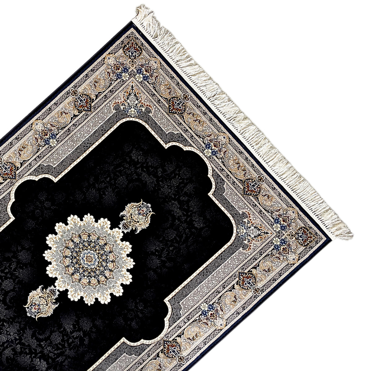 Schwarzer Teppich mit Ornament-Medallion und silberner Bordüre, Fransen an der Kante
