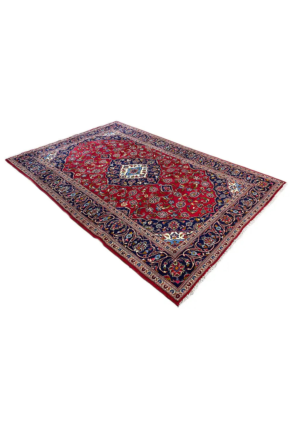 Teppich-Ecke: rotes Zentrum, dunkelblauer Rahmen und mehrfarbige Ornamente, rechteckig