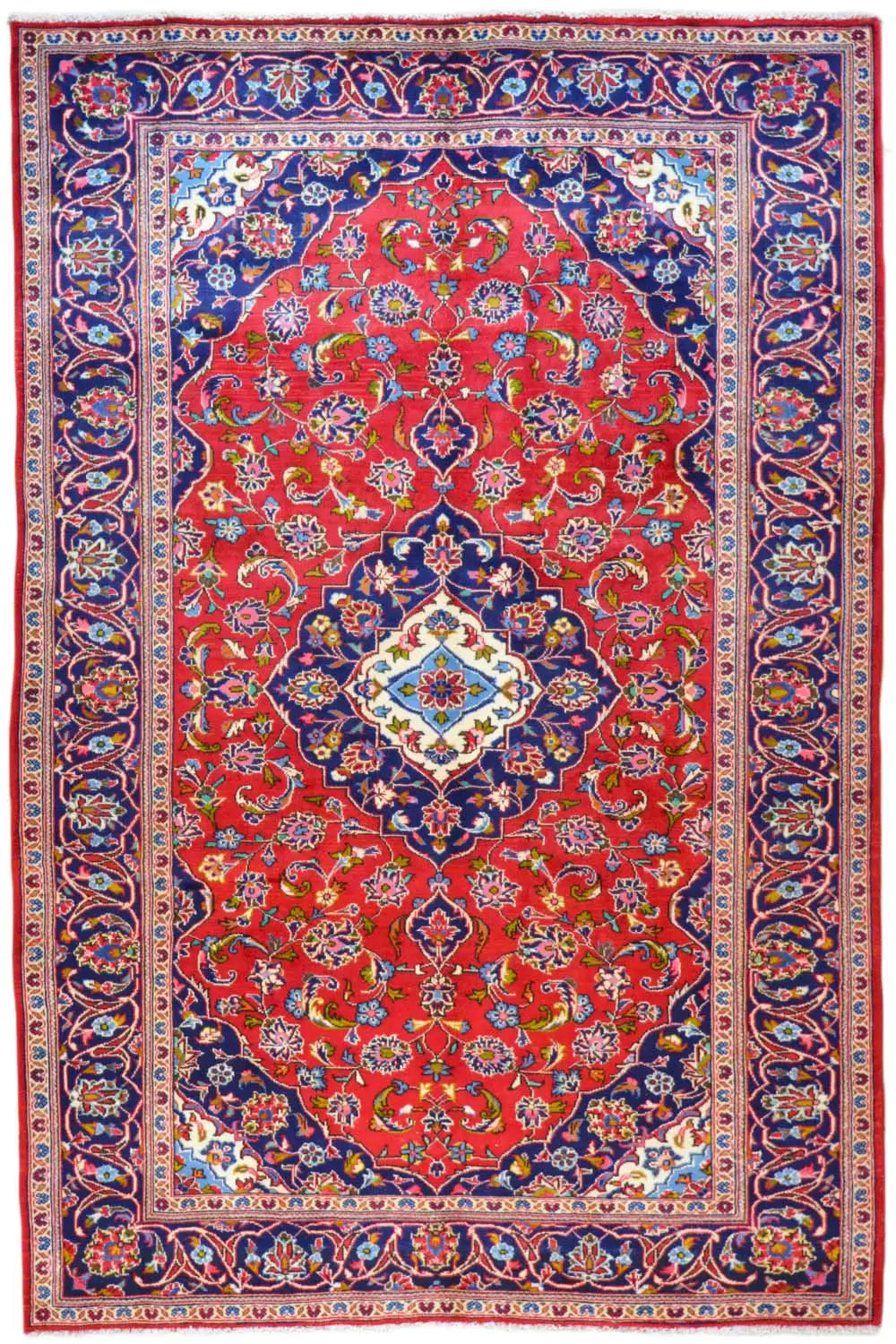 Keshan-Teppich mit rotem Medaillon, blauem Rahmen und mehrfarbigen Ornamenten, rechteckig