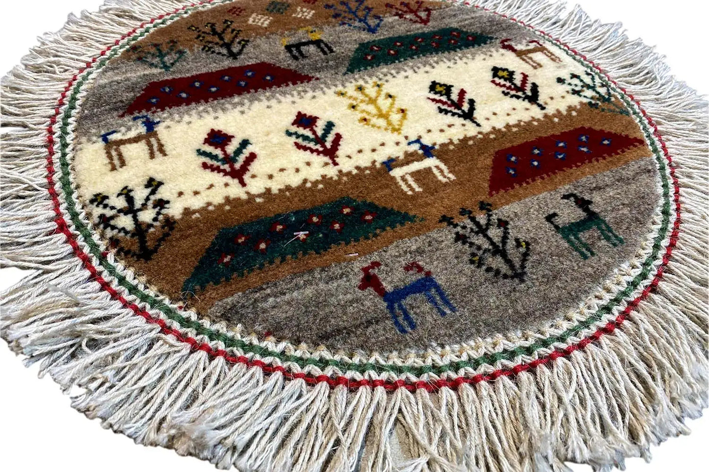 Gabbeh-Lori Teppich mit Fransen, rundes Muster mit Figuren und Bäumen (40x40 cm)