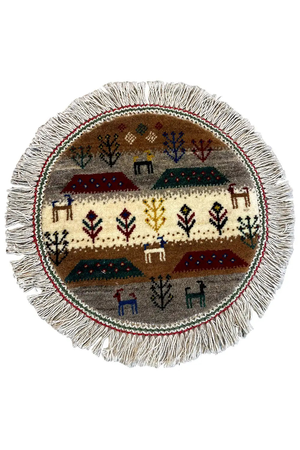 Gabbeh-Lori Teppich mit Fransen, rund, buntes Dorfmuster (40x40 cm)