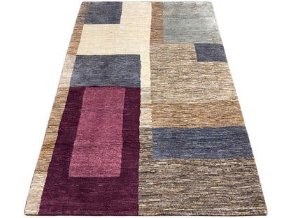 Gabbeh-Teppich in Dreiecksansicht mit Patchwork-Rechtecken in Beige, Grau, Blau und Lila