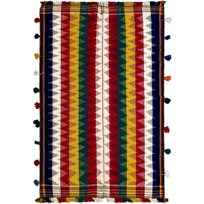 Wohnzimmer bunter Jajim Teppich handgewebt mit geometrischem Zickzackmuster