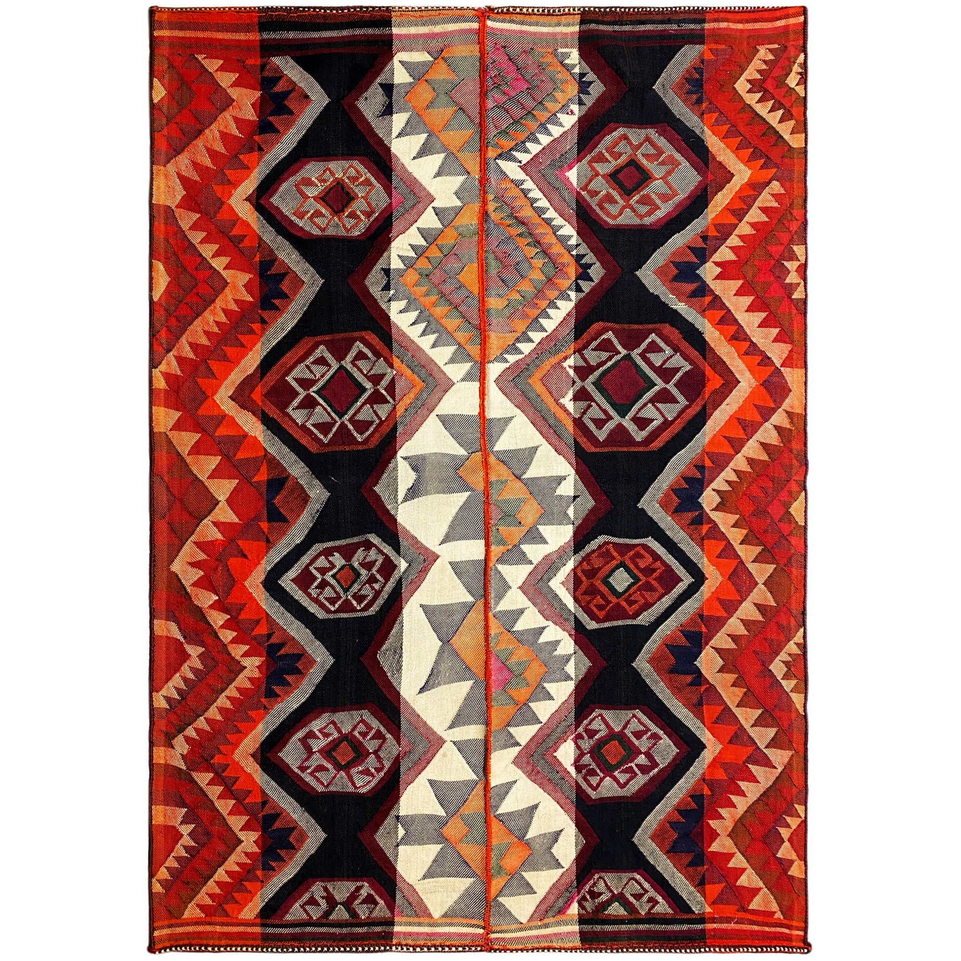 Wohnzimmer bunter Jajim Teppich handgewebt mit kräftigem geometrischem Ethnomuster