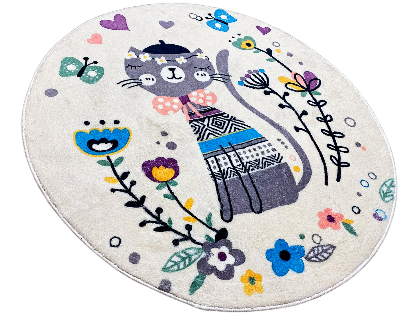 Runder Kinderteppich Katze, Weiß, 100 cm