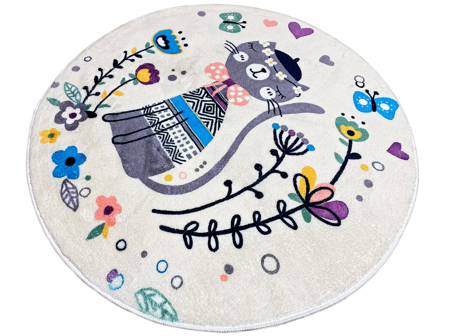 Runder Kinderteppich Katze, Weiß, 100 cm
